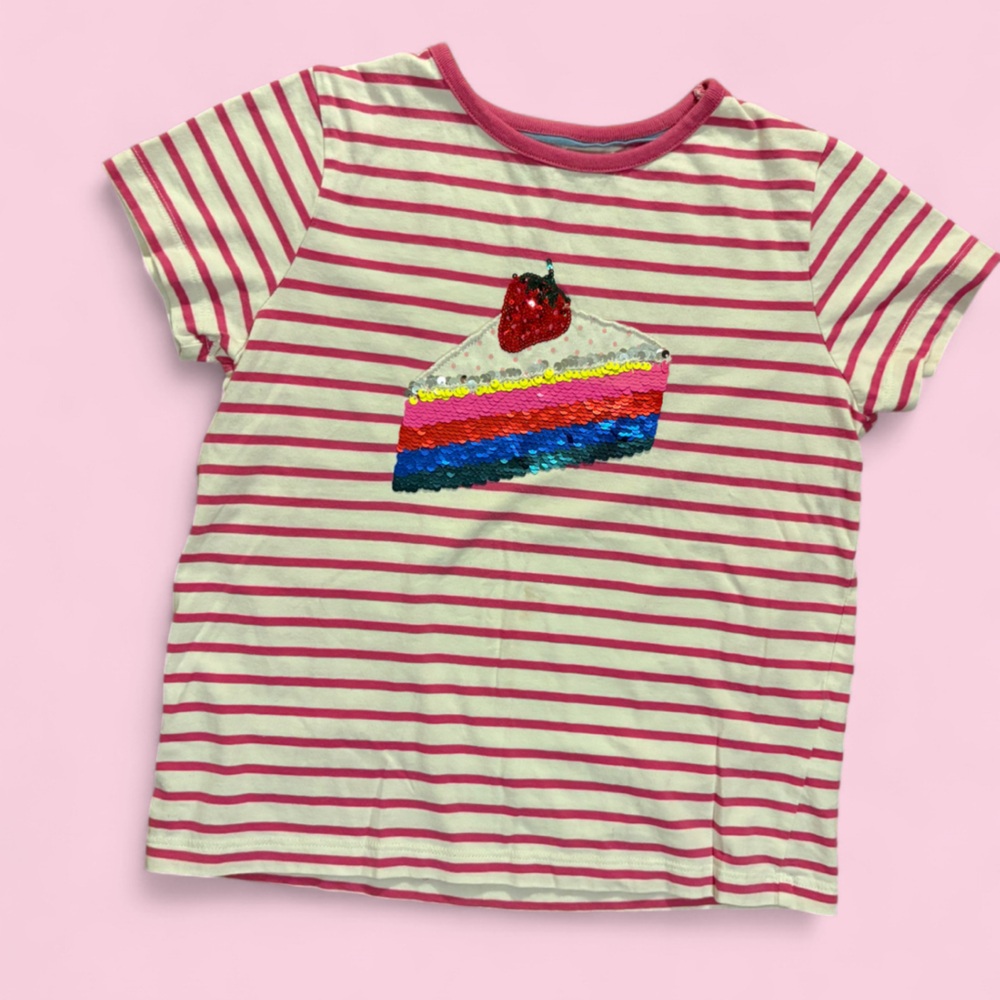 Mini Boden Pink Stripe Tee with Sequin Cake (Girls 9–10Y) Birthday Celebration